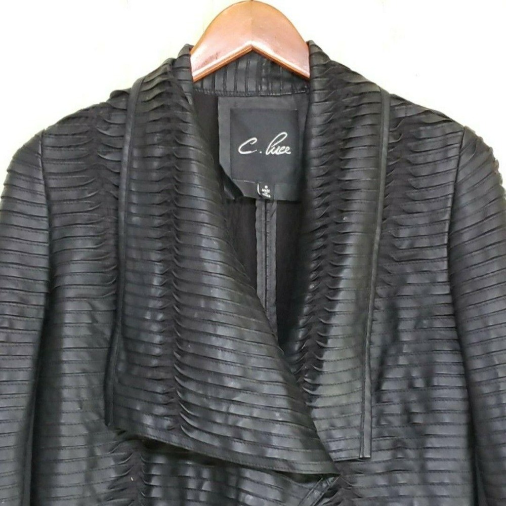 C. Luce Jacket Womens Small Black Faux Leather Textured Open Front Draped